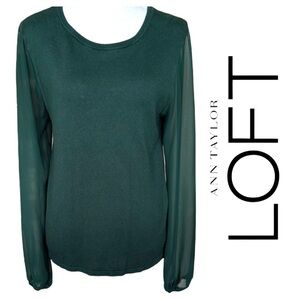 Loft Forest Green Mixed Media Knit Sweater Chiffon Sleeve Top Sz M